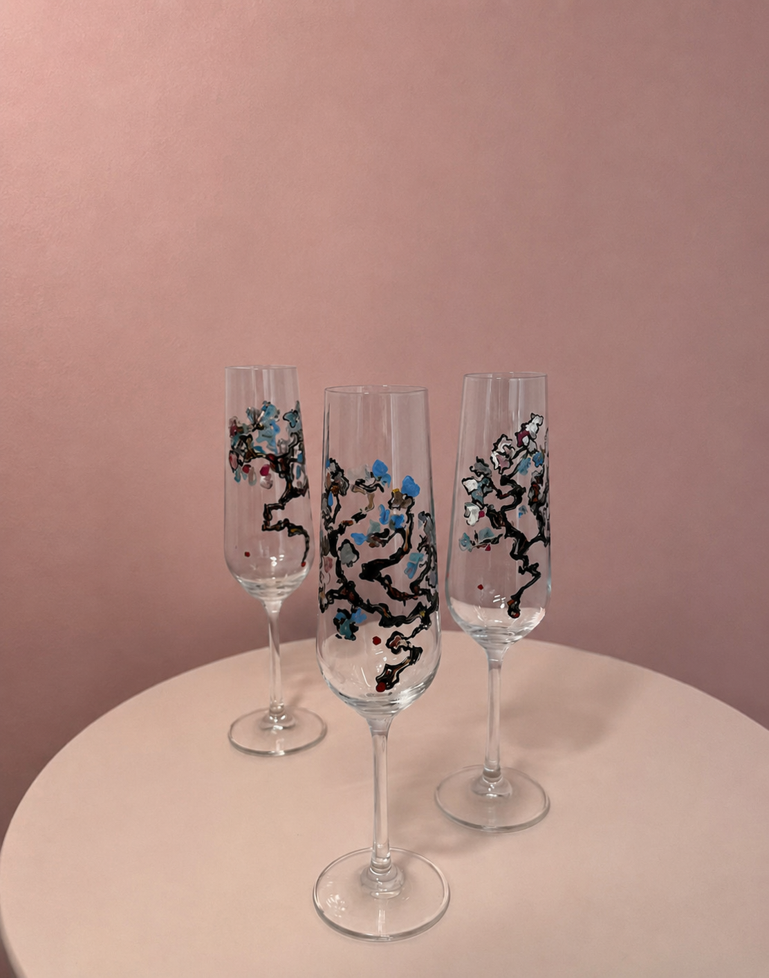 A small set of hand-painted Passionflowwer glasses in blue blossom