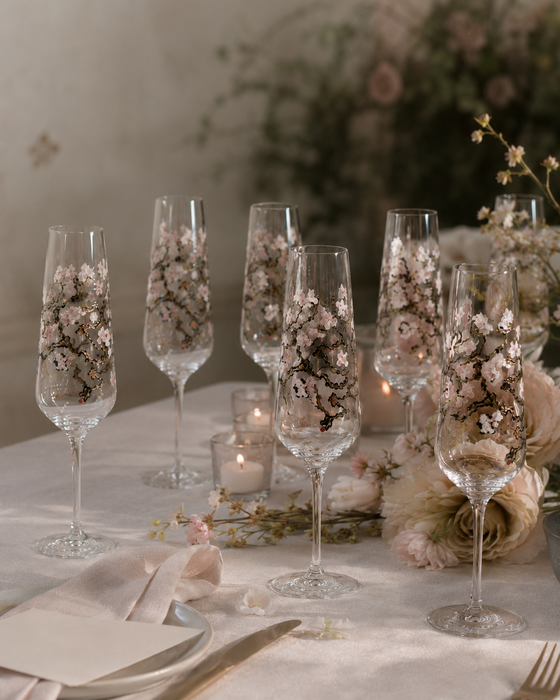 A Passionflowwer table — hand-painted blossom champagne flutes with soft roses and candlelight